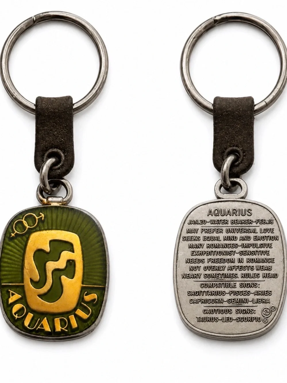 Vintage 70’s Aquarius Zodiac Enamel Keychain Green & Gold Astrological Key Ring